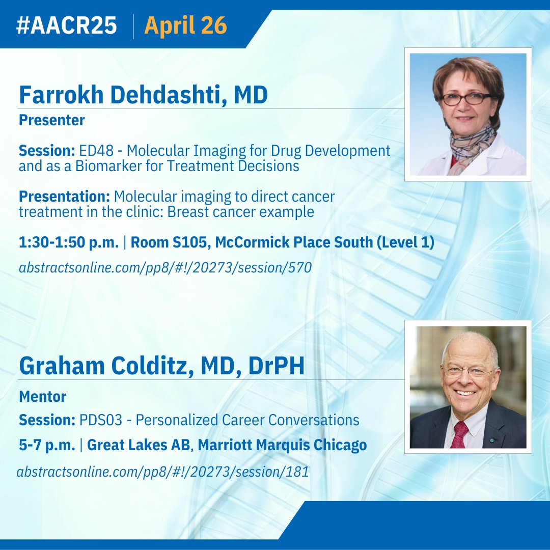 #AACR25: Today we highlight our @WashUMedicine faculty members Farrokh Dehdashti, MD, and @GColditz, MD, DrPH

Check out our complete conference details here: siteman.washu.edu/aacr