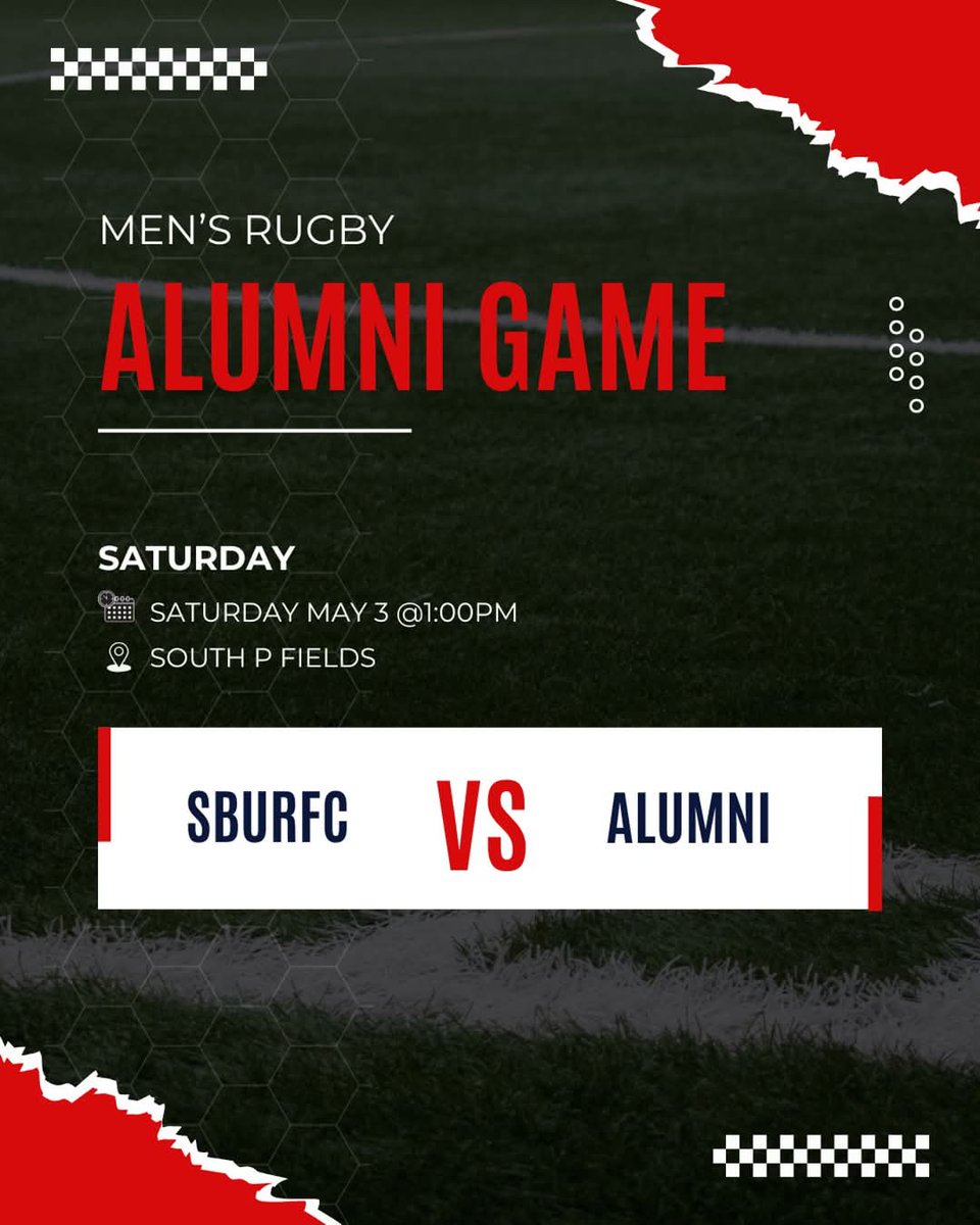 The highly anticipated alumni game will be next Saturday, May 3rd at 1pm at the South P Fields. @sbwomensrugby will have their alumni game at 11am directly before us. Hope to see you all there.