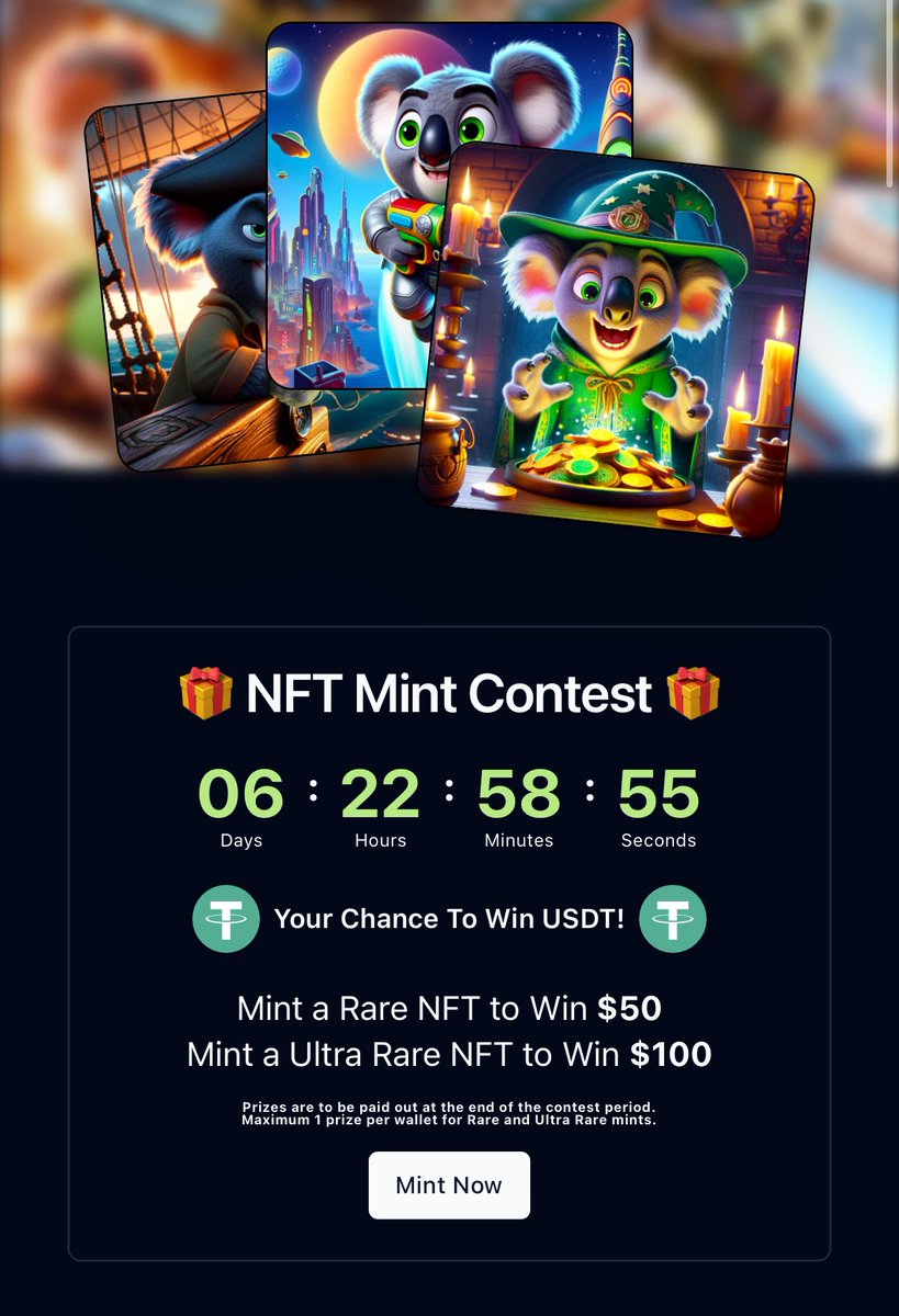 ‼️ Don’t Miss Your Chance To WIN ‼️ 

6 Days Left ⏰

Mint Rare NFT = Win $50 USDT! 💴 
Mint Ultra Rare NFT = Win $100 USDT! 💰 

DOUBLE YOUR CHANCE TO WIN WITH THE LEADERBOARD CONTEST! 🏆

Top 3 Highest NFT Minters on BNB, ETH, POL &amp; Base Win USDT!

1st Prize = $100 💰 
2nd