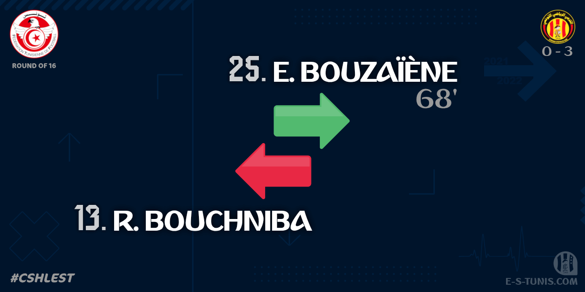 ESTuniscom's tweet photo. ⏱ 70' | #TunisiaCup🇹🇳 Round of 16 #CSHLEST | #CSHammamLif 0⃣-3⃣ @ESTuniscom : 🔁 Substitute : E. Bouzaïène IN, R. Bouchniba OUT (EST) / تغيير / Changement https://t.co/lJcW0Vs8E5