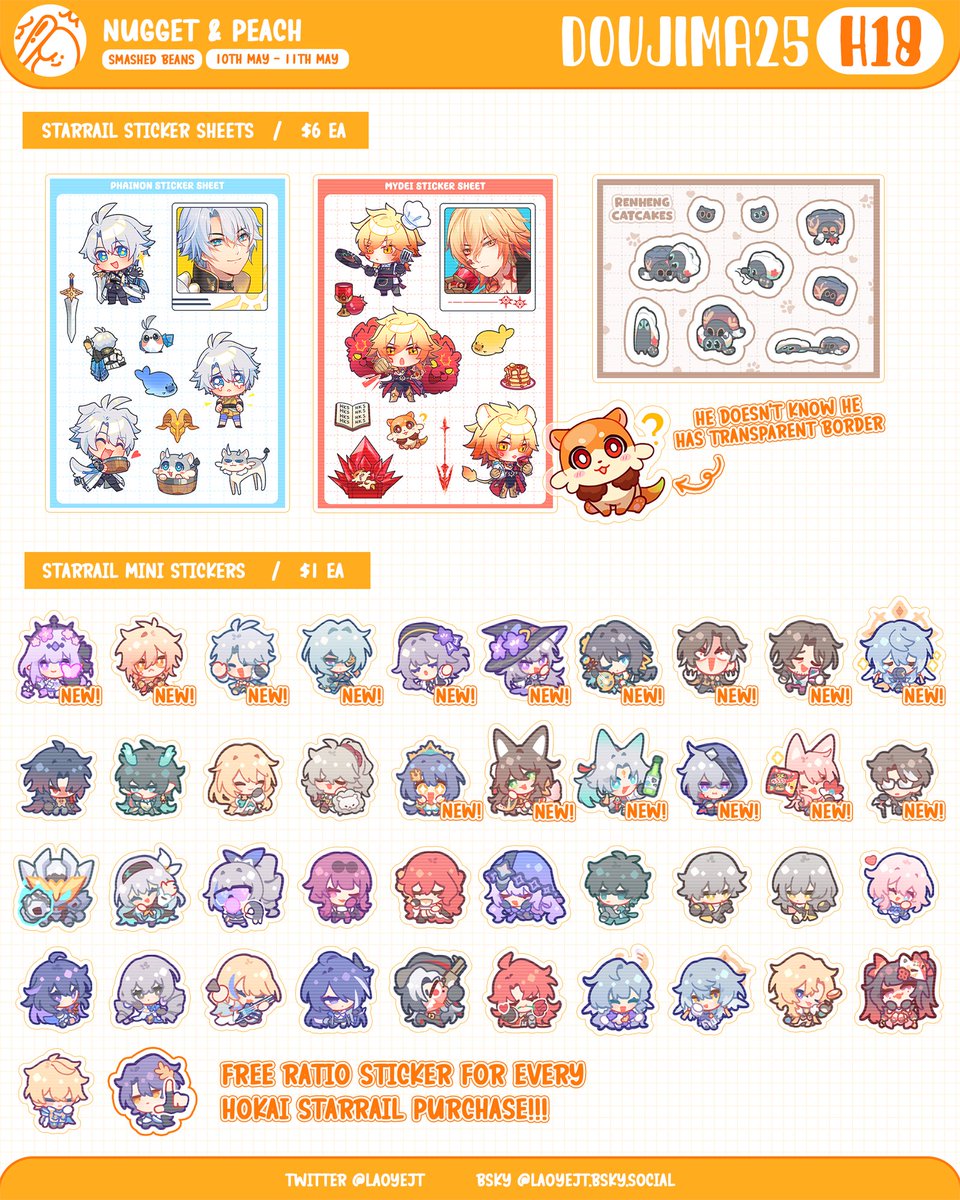 laoyeJT's tweet photo. [RTs💛]
Me and Peach (@DijunJT) merch catalogue for Doujima 2025
Come find us at Booth H-18!

☆ Hoyoverse, Hololive, Jujutsu, Frieren, Persona, Naruto
☆ Preorder available for MINI STICKERS only
☆ Standees are FCFS since stocks are limited

[1/2]
#doujima #doujima2025 https://t.co/cAQMy61c1n