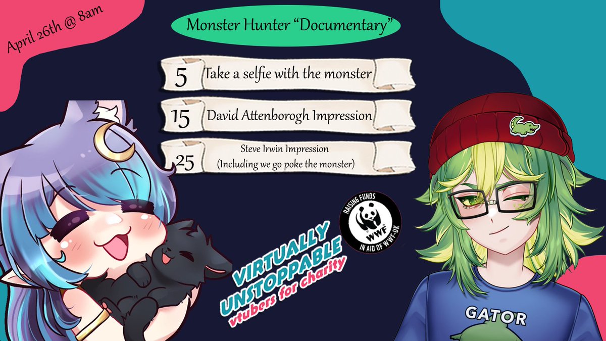 moon_wolven's tweet image. Early morning stream?! Monster hunter wilds?! 
Lets start the last day of the charity streams off with bang for #virtuallyunstoppable with @GravyGatorVT 

@wwf_uk