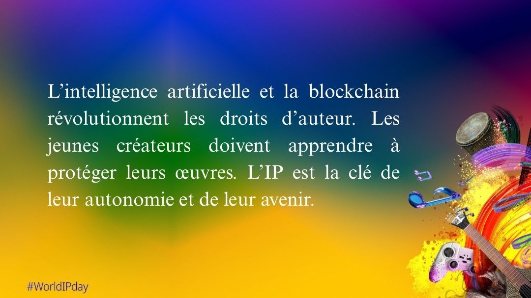 🚀 La technologique transforme la manière dont la musique est créée, distribuée et consommée.
En Côte d’Ivoire, la jeunesse créative doit être formée à la propriété intellectuelle pour saisir ses
opportunités. 🎤 IP + créativité = indépendance économique.
#FeelTheBeatOfIP