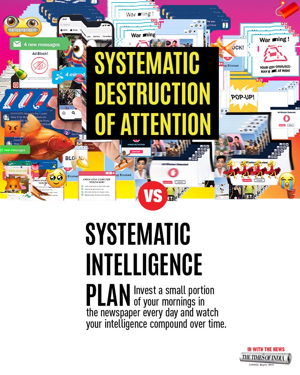 Worried doom scrolling &amp; digital distractions are wrecking your attention span? We recommend a #SystematicIntelligencePlan, namely, #TOI. Because when you're reading well-researched news that doesn't ping for your attention, you know you've made a right investment.
#InWithTheNews