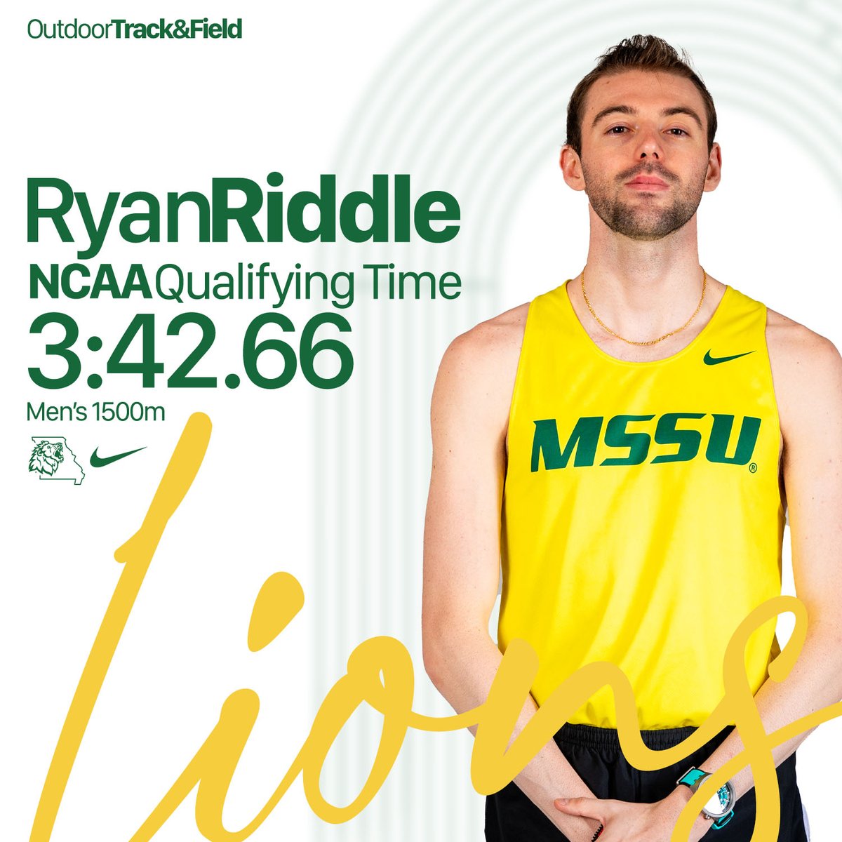 🚨 SCHOOL RECORD - UPDATE 🚨

Ryan Riddle breaks his own school record for the second week in a row in the men's 1500m! Riddle took 2nd place last night in Arkansas with an NCAA Qualifying Time of 3:42.66! 🦁