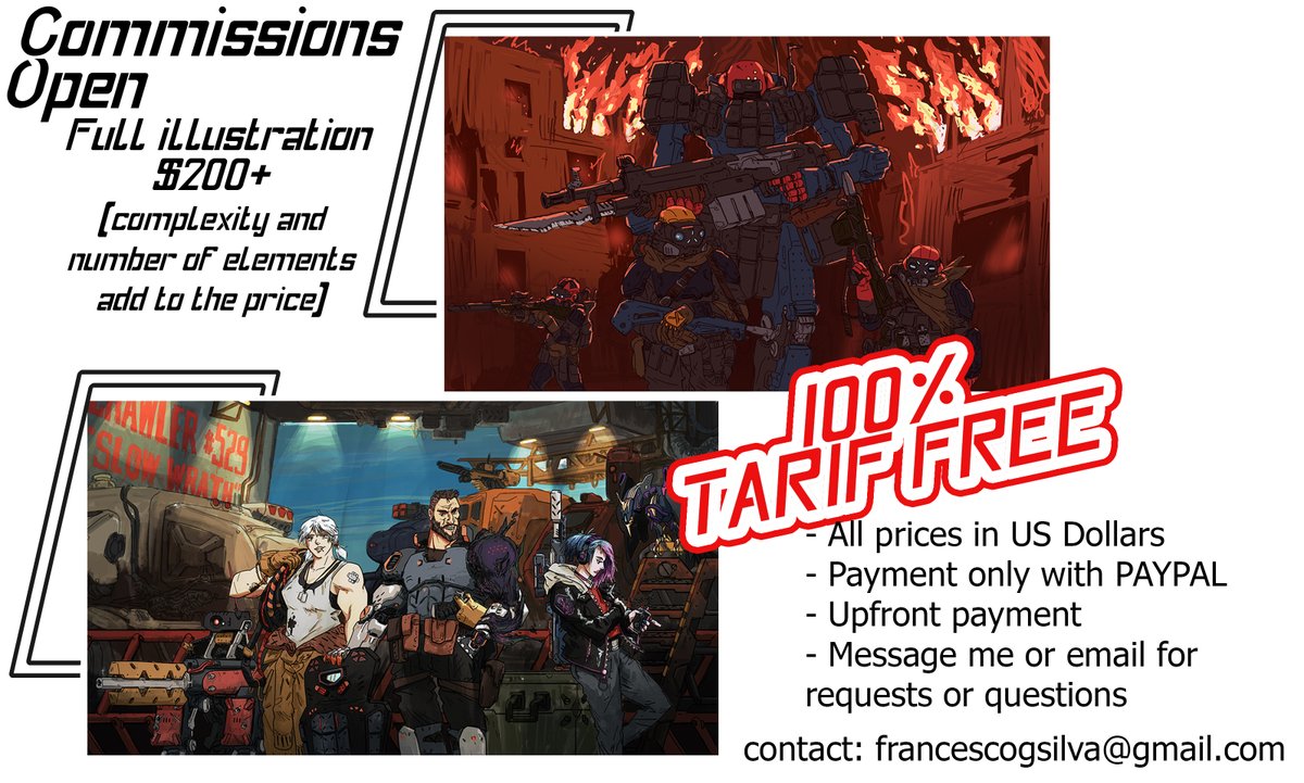 HEyo
Slots for commissions are still open for april and may!
Message me or email at

francescogsilva@gmail.com

No idea is too wild and no design is too hard!
Except horses, cant do horses