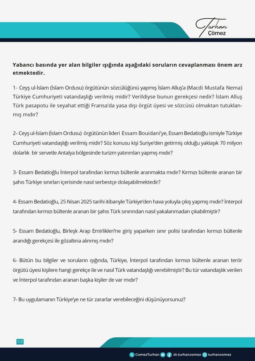🔥Suriye merkezli selefi cihatçı Ceyş ul-İslam örgütünün liderliğini yapmış Essam Bouidani’ye Türk vatandaşlığı vermişiz!
🇹🇷Yeni adı da Essam Bedatioğlu olmuş.
💰Adam on milyonlarca dolar para getirip Antalya’da turizm yatırımları da yapmış.
🇫🇷Bu arada Fransa, adamın Suriye’de
