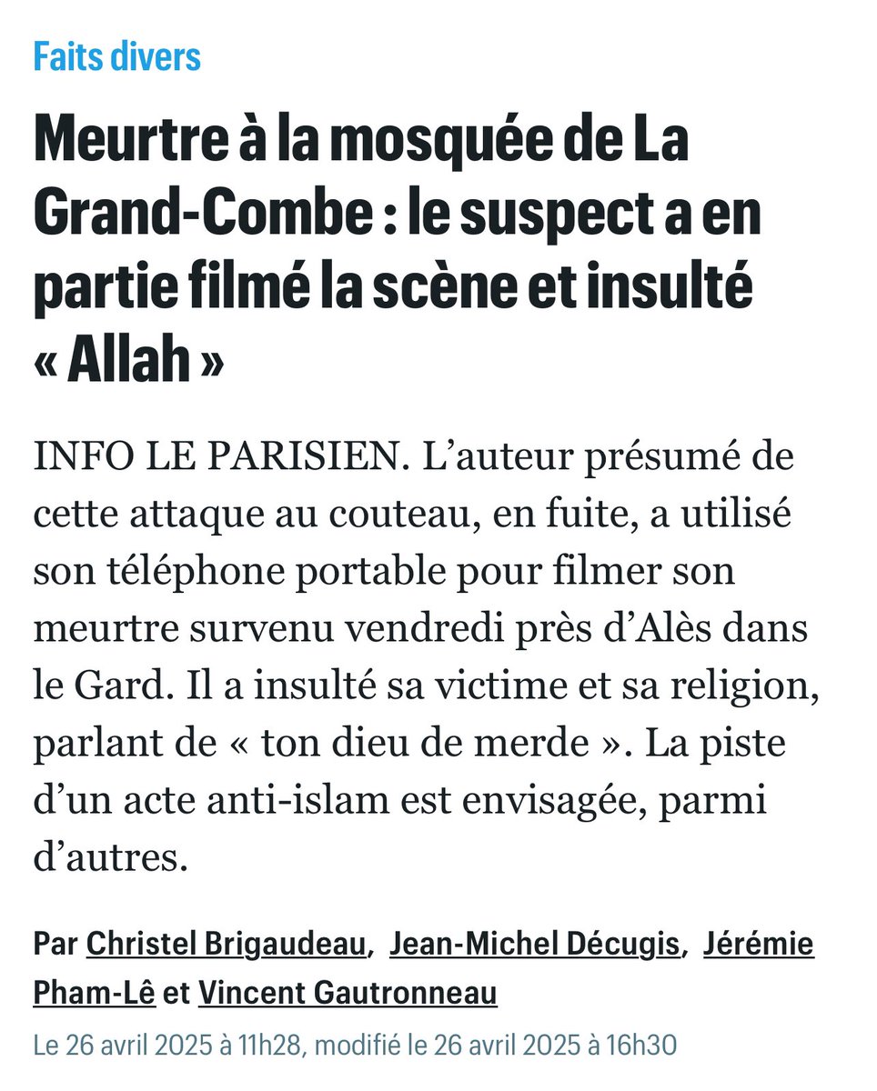 CaronAymericoff's tweet photo. Ce meurtre semble bien être une attaque islamophobe, un acte terroriste, il en prend en tout cas l’allure.
Il ne semble pourtant pas intéresser grand monde dans la classe politique, alors que les actes islamophobes se multiplient dans le pays, encouragés par des discours auxquels une chaîne de télévision est même entièrement dédiée.
J’adresse une pensée aux Françaises et Français musulmans, quotidiennement discriminés, insultés et menacés, dans un pays qui en fait des cibles privilégiées.
