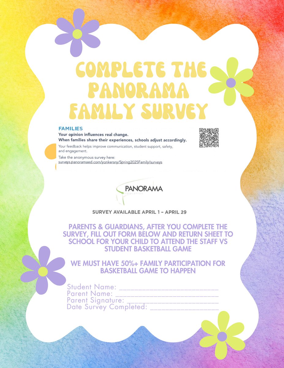 Please complete the YPS Parent Survey! We want to hear how we are doing and how we can improve. Parents, please let me know when you complete the survey and your child will earn their ticket to our Staff vs. Students basketball game!

surveys.panoramaed.com/yonkersny/Spri…