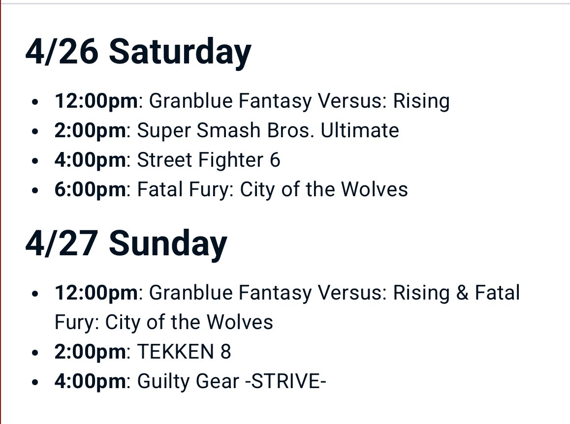 Schedule changes for <a href="/CastlePointCon/">Castle Point Anime Convention</a>! 

Reminder there’s only a limited number of controllers to borrow so BYO!!