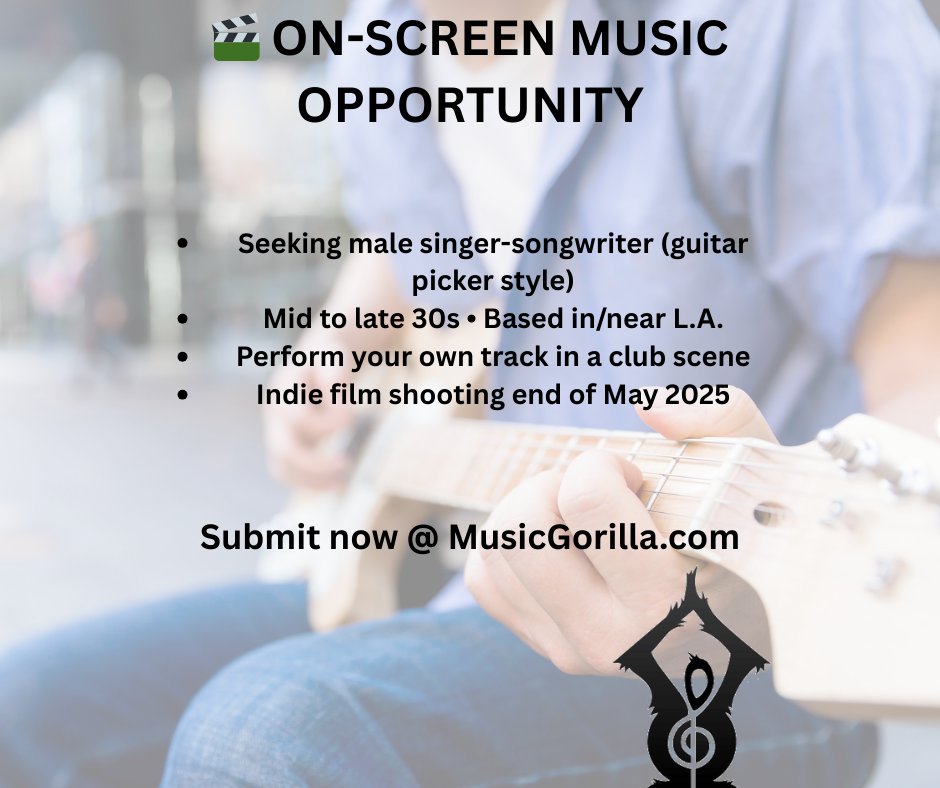 🎬 On-Screen Opp for Singer-Songwriters
Indie film seeks male guitar picker (mid/late 30s, L.A.-based) perform your own track in a club scene. Shoots soon in L.A.

🎸 Submit bit.ly/3GnE0ND 

#MusicOpportunities #IndieFilm #SingerSongwriter #CastingCall