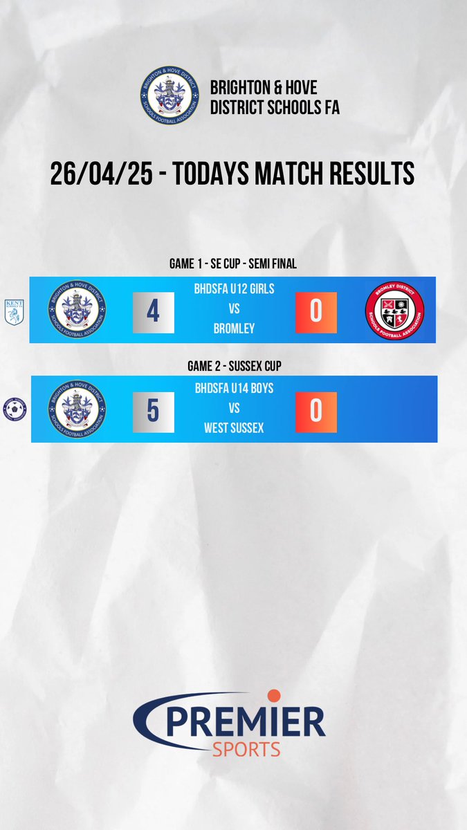 Brighton & Hove District Schools FA (@bhdsfa) on Twitter photo Two more strong performances from our Brighton sides today! ⚽️⚪️🔵
✅ BHDSFA U12 Girls defeat <a href="/BromleyDistrict/">BromleyDistrict SFA</a> 4-0 to reach the SE Cup Final!
✅ BHDSFA U14 Boys win 5-0 against West Sussex!
A fantastic day for Brighton & Hove District Schools FA! #BHDSFA Two more strong performances from our Brighton sides today! ⚽️⚪️🔵
✅ BHDSFA U12 Girls defeat <a href="/BromleyDistrict/">BromleyDistrict SFA</a> 4-0 to reach the SE Cup Final!
✅ BHDSFA U14 Boys win 5-0 against West Sussex!
A fantastic day for Brighton & Hove District Schools FA! #BHDSFA