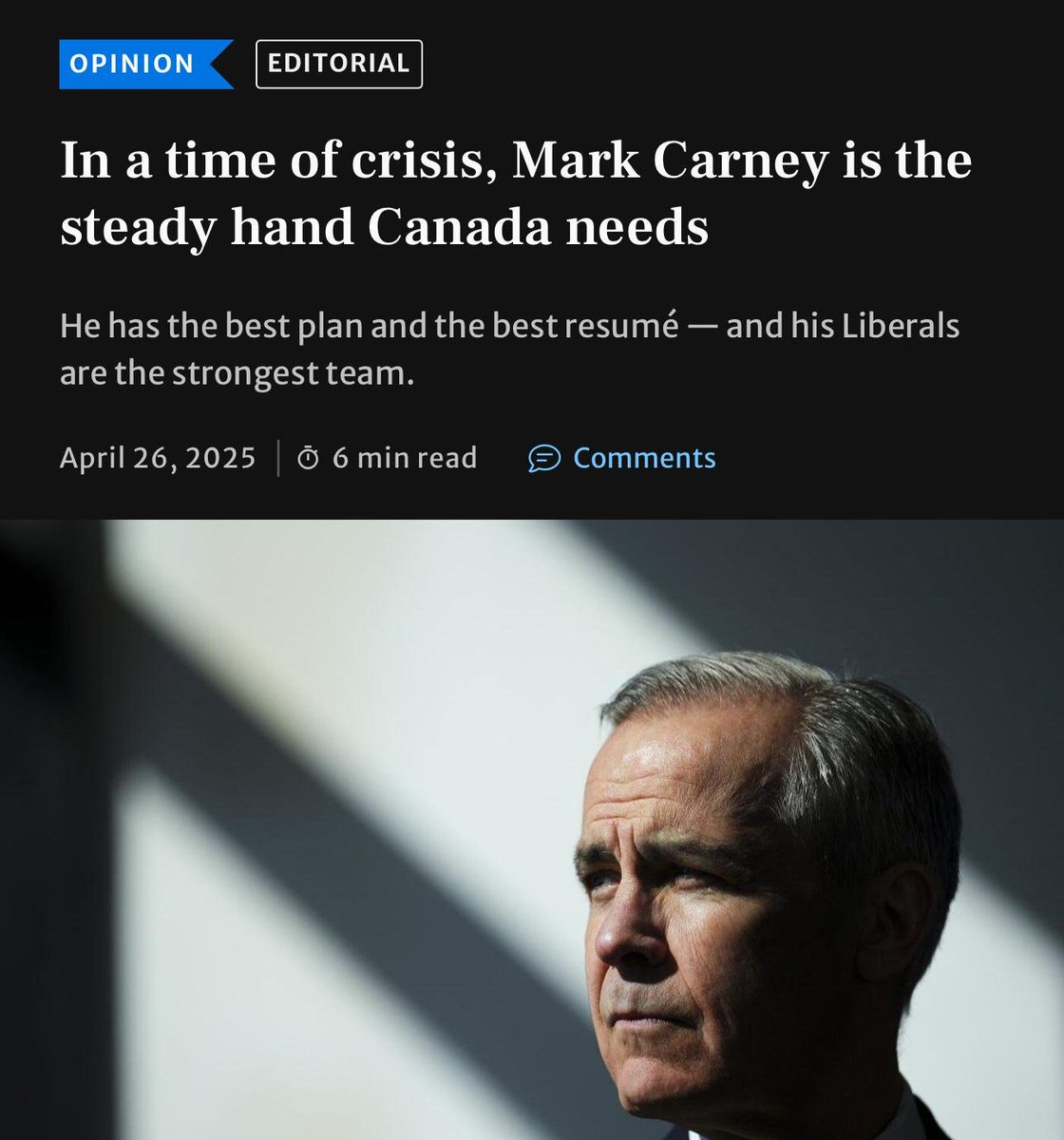 Mark Carney is endorsed as the next Prime Minister by the Editorial Board of the Toronto Star - "he has approached the task of governing in this chaotic moment with a calm that will serve our country well". 
thestar.com/opinion/editor…