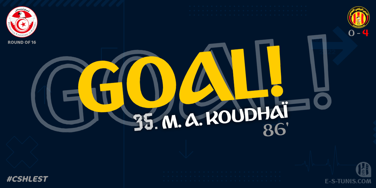 ESTuniscom's tweet photo. ⏱ 86' | #TunisiaCup🇹🇳 Round of 16 #CSHLEST | #CSHammamLif 0⃣-4⃣ @ESTuniscom : ⚽️ M. A. Koudhaï (EST) scores! / هدف / But https://t.co/lnVapMg1GM