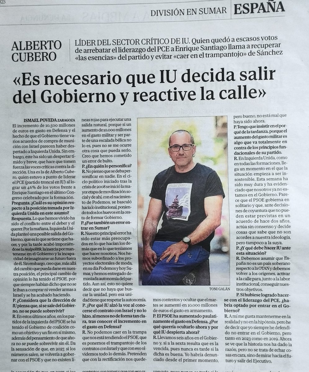 IU nos fundamos desde un referéndum contra la entrada de España en la OTAN, no podemos permanecer en un gobierno que acata el rearme de 10.000 mill, la mayor imposición que la OTAN a impuesto a nuestro país.
Hoy sale esta entrevista👇