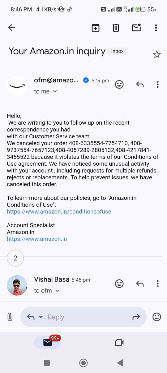 VishalBasa's tweet photo. @amazonIN amazon is going very bad day by day.When I placing order it get cancelled automatically.And when I mail to ofm team they are doing copy paste like this https://t.co/GpA00EKuhq