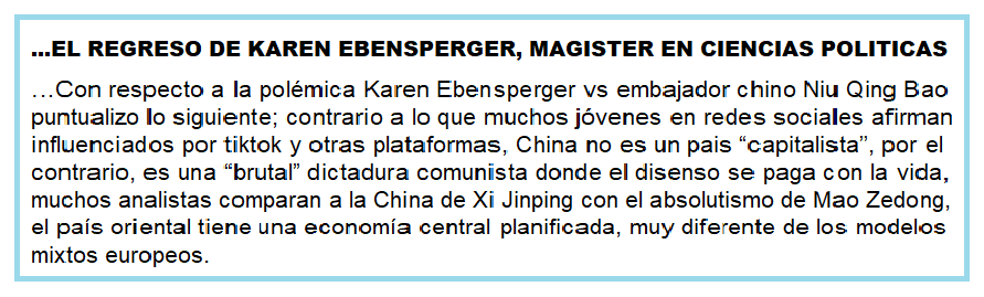 JKastedo's tweet photo. @kebensperger EL REGRESO DE KAREN EBENSPERGER, MAGISTER EN CIENCIAS POLITICAS
…Con respecto a la polémica Karen Ebensperger vs embajador chino Niu Qing Baopuntualizo lo siguiente; contrario a lo que muchos jóvenes en redes sociales afirman influenciados por tiktok y otras plataformas, China https://t.co/iTqPgIvvrW