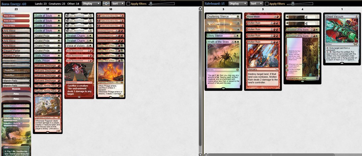 After a few days off the grind, I made Top 8 in all the Modern Challenges of the day. Split the finals, lost in the Top 4, and lost in the Top 8, respectively.
I had been playing BW Ketramose for a long time, but yesterday I decided to play Boros Energy.