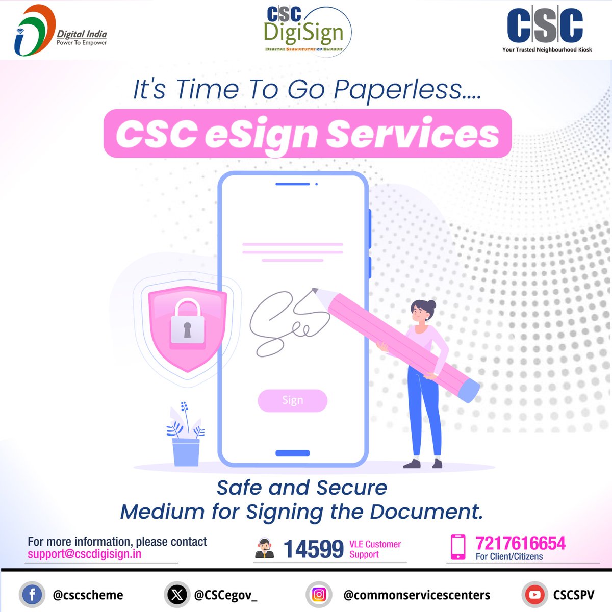 CSCegov_'s tweet image. Say goodbye to traditional paperwork stress &amp;amp; #GoDigital with #CSCeSign Service.

CSC eSign Service brings you a smooth #paperless experience.

To avail eSign Service, visit: cscdigisign.in

For more information, contact us at support@cscdigisign.in or call us at 14599…