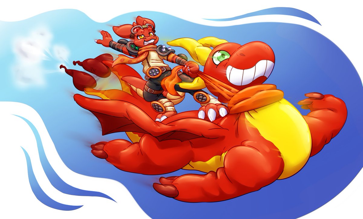 [54] (62) Commission for TomX

Dragons can fly, so riding on a big dragon balloon like a jet skateboard is one way to go.