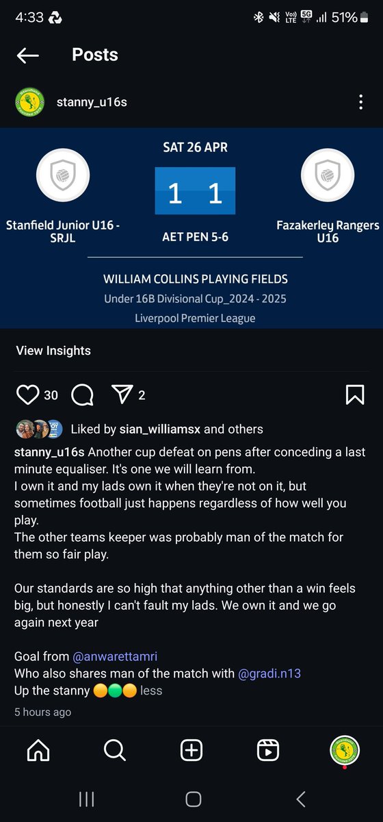 We went out at the quarter final stage today on pens. 
Football can be cruel at times, but we've also been on the other side of this moment, that's what makes footy boss. Win together 
Lose together

Up the mighty stanny!