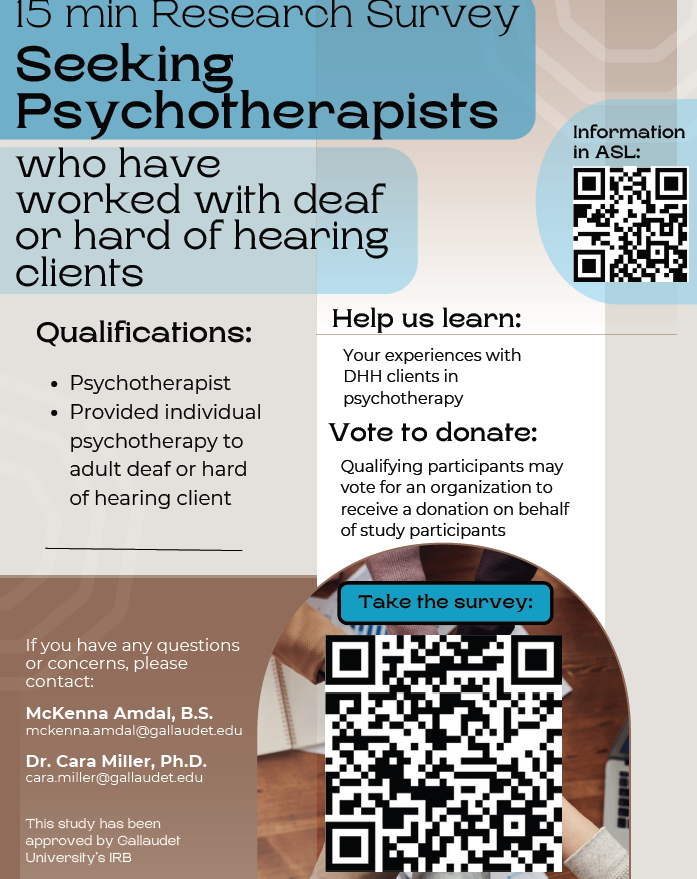 ADARA_Org's tweet photo. Participate in a research study exploring the experiences of psychotherapists who have provided individual therapy to at least one adult Deaf or hard of hearing client in the past 10 years.

📧 Questions? Reach out: 🔹 McKenna.Amdal@gallaudet.edu https://t.co/V8TUBqtSFw