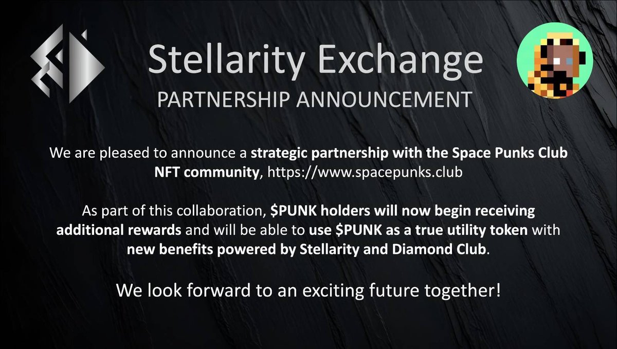 Stellarity Group (@stellaritygroup) on Twitter photo 🚀 We’re excited to announce a strategic partnership with <a href="/SpacePunksClub/">Space Punks Club</a>! $PUNK holders can now access new rewards, real utility, and exclusive benefits with Stellarity and Diamond Club! 💎
The future is bright!
#PUNK #SpacePunksClub #stellarity #DiamondClub #MemeCoin #Web3 🚀 We’re excited to announce a strategic partnership with <a href="/SpacePunksClub/">Space Punks Club</a>! $PUNK holders can now access new rewards, real utility, and exclusive benefits with Stellarity and Diamond Club! 💎
The future is bright!
#PUNK #SpacePunksClub #stellarity #DiamondClub #MemeCoin #Web3