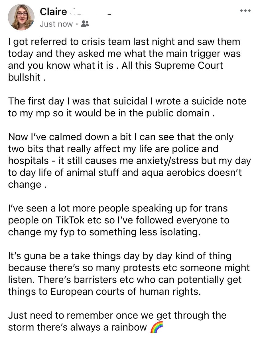 I know it’s a scary time for people and x probably isn’t a safe place (I’ve not used it for ages) . The #SupremeCourt stuff caused some panic in me but we will come out the other side 

#TransRightsAreHumanRights #transgender #lgbtqia