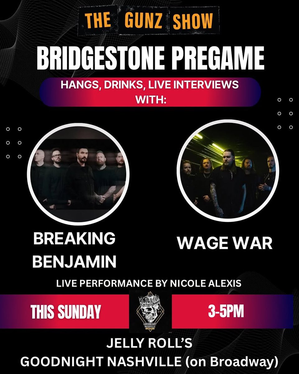 Nashville Is The Reason (@nashisthereason) on Twitter photo FREE pre-show hang at Jelly Roll’s Goodnight tomorrow! Gunz will speaking with Breaking Benjamin & Wage War, plus Nicole Alexis will be performing. Interview airs after on <a href="/idobiradio/">idobi Radio</a>
#nashvilleisthereason FREE pre-show hang at Jelly Roll’s Goodnight tomorrow! Gunz will speaking with Breaking Benjamin & Wage War, plus Nicole Alexis will be performing. Interview airs after on <a href="/idobiradio/">idobi Radio</a>
#nashvilleisthereason