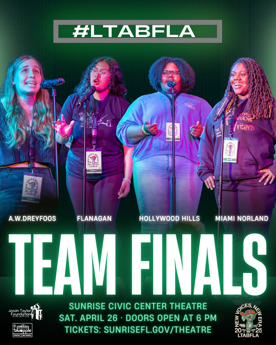 JTFoundation (@jtfoundation99) on Twitter photo Tonight! #LTABFLA Team Finals
<a href="/cityofsunrise/">City of Sunrise 🌞</a> Civic Center Theatre
Doors opening at 6
Bout begins 6:30
Tickets: SunriseFL.gov/Theatre
<a href="/bluapplePoetry/">The Omari Hardwick bluapple Poetry Network</a> Tonight! #LTABFLA Team Finals
<a href="/cityofsunrise/">City of Sunrise 🌞</a> Civic Center Theatre
Doors opening at 6
Bout begins 6:30
Tickets: SunriseFL.gov/Theatre
<a href="/bluapplePoetry/">The Omari Hardwick bluapple Poetry Network</a>