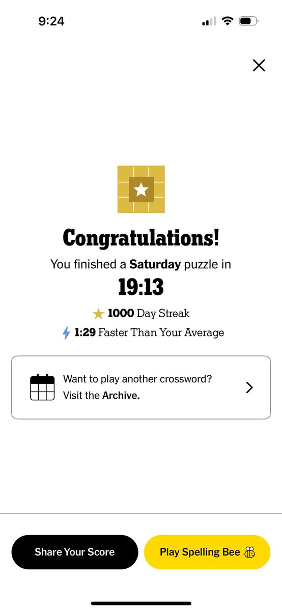 1000 DAYS!!!

What can I say, I’m kinda proud 😝

#nytxw #crossword <a href="/nytimes/">The New York Times</a> <a href="/NYTGames/">New York Times Games</a>