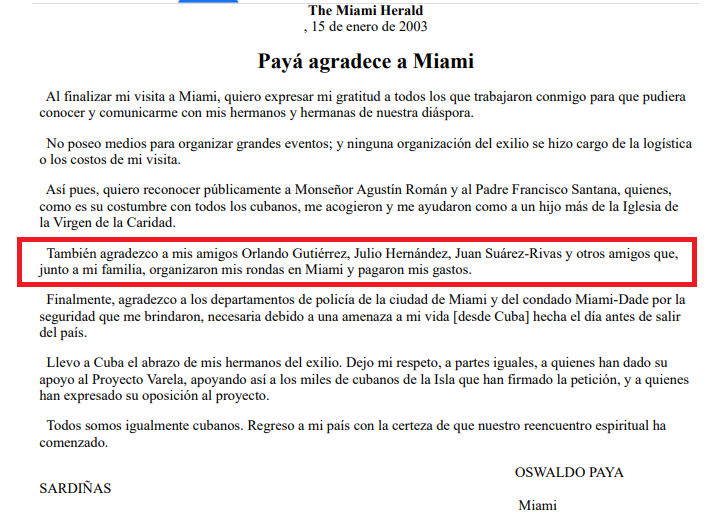 PPDHC_i's tweet photo. OSWALDO PAYÁ SARDIÑAS AGRADECE A QUIENES CONTRIBUYERON A SU VIAJE A MIAMI EN 2003. https://t.co/zqCDhyCdHN