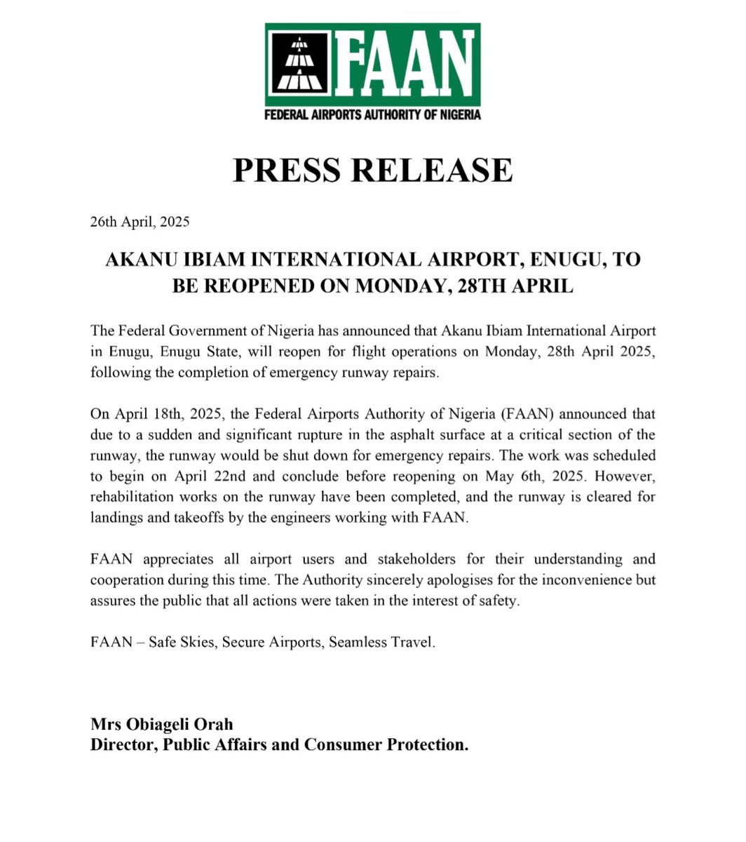 Uche Anichukwu (@ucanichukwu) on Twitter photo BREAKING: Enugu Airport to be reopened for flight operations on Monday, April 28, 2025.
<a href="/DanNwomeh/">Dan Nwomeh</a> <a href="/D2Nnamani/">Nnamani Arinze Darlington</a> <a href="/prinnccejosh/">Prince Ejeh Josh</a> <a href="/thecableng/">TheCable</a> <a href="/enugu_updates/">Enugu Updates</a> BREAKING: Enugu Airport to be reopened for flight operations on Monday, April 28, 2025.
<a href="/DanNwomeh/">Dan Nwomeh</a> <a href="/D2Nnamani/">Nnamani Arinze Darlington</a> <a href="/prinnccejosh/">Prince Ejeh Josh</a> <a href="/thecableng/">TheCable</a> <a href="/enugu_updates/">Enugu Updates</a>