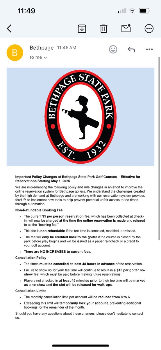 James Colgan (@jamescolgan26) on Twitter photo Bethpage announces it will begin charging reservation fees and changing cancellation rules after <a href="/KVanValkenburg/">Kevin Van Valkenburg</a>’s reporting on tee time bots.
Big win for NY public golfers! Bethpage announces it will begin charging reservation fees and changing cancellation rules after <a href="/KVanValkenburg/">Kevin Van Valkenburg</a>’s reporting on tee time bots.
Big win for NY public golfers!
