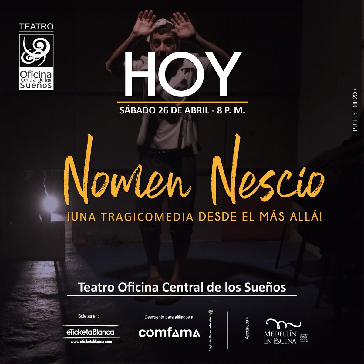 🕯️ Hoy termina la temporada de Nomen Nescio.

Una tragicomedia para nombrar a quienes fueron olvidados.

📍<a href="/teatroficina/">Teatro Oficina Uzyna Uzona</a>
🕗 8:00 p.m.

🎟️ Boletas en Eticketa Blanca eticketablanca.com/v2/rootevent.p…

Nos vemos en escena.
#VamosATeatro #TeatroFrastricida #Memoria #NN #Medellín