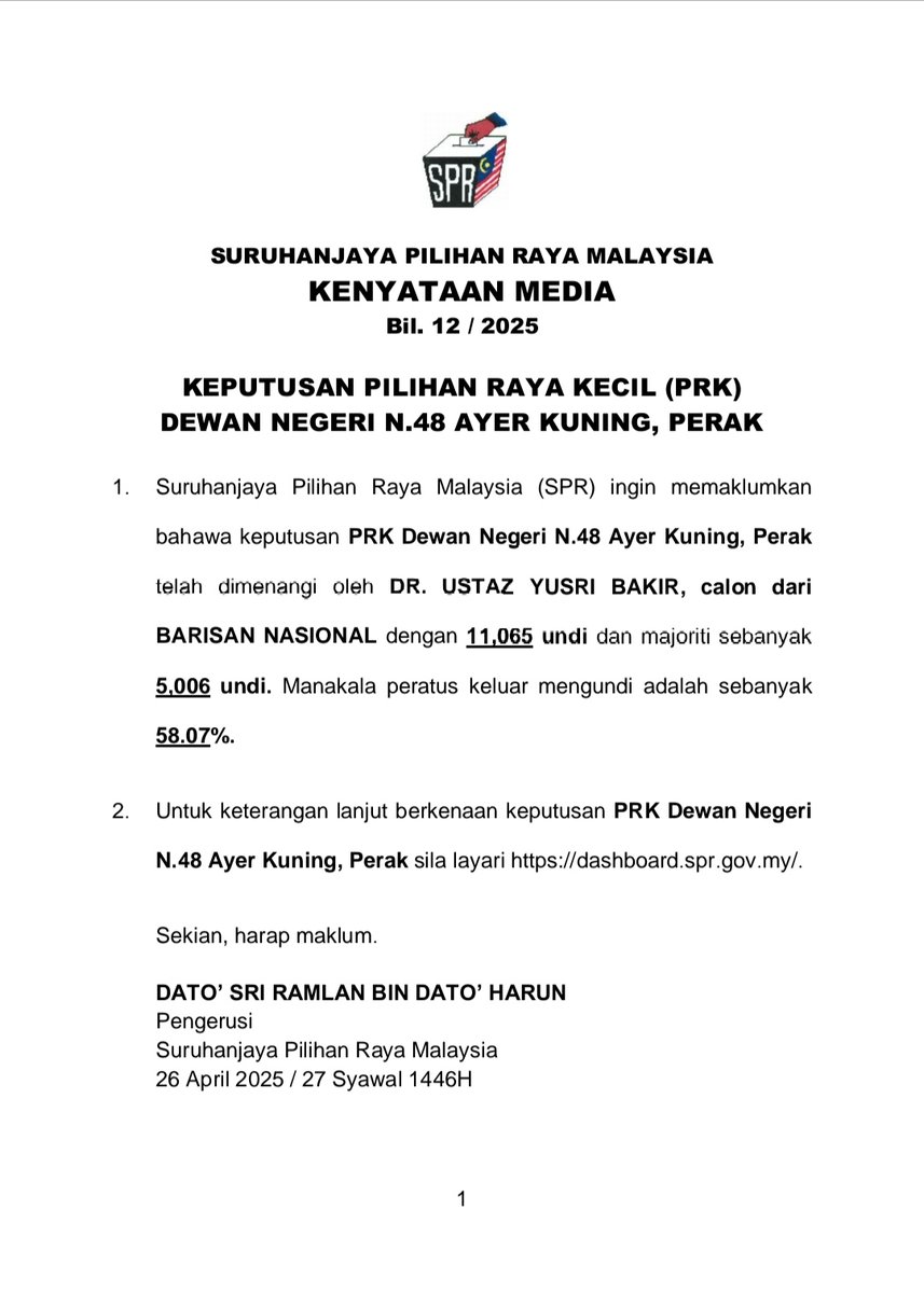 [ KENYATAAN MEDIA ]

KEPUTUSAN PILIHAN RAYA KECIL DEWAN NEGERI N.48 AYER KUNING, PERAK