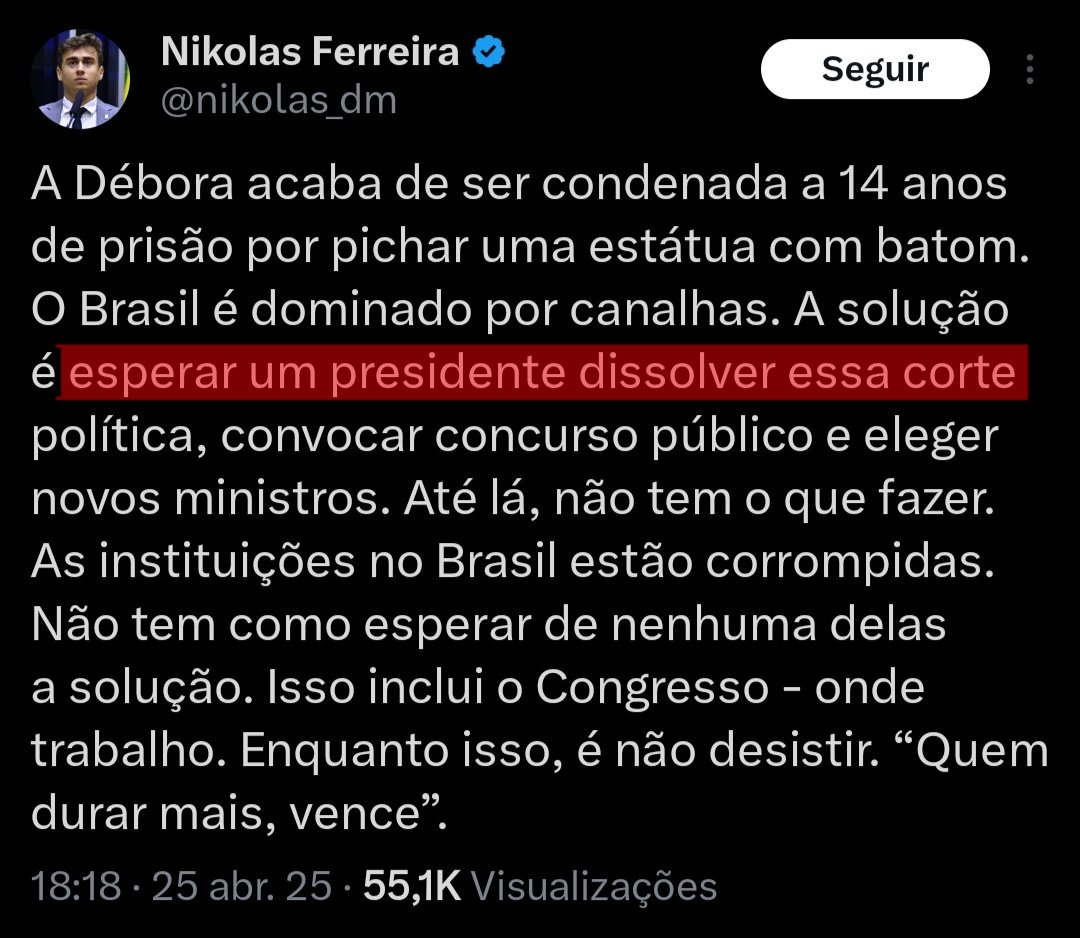 Ganhar 40k por mês, se isentar de tudo, esperar que um Presidente dissolva o STF (indireta pro JB) e ainda ser aplaudido por uma manada de imbecis. 

A direita implora pra ser enrabada enquanto bajula parasitas inúteis que só atrapalham e se isentam de qualquer responsabilidade.