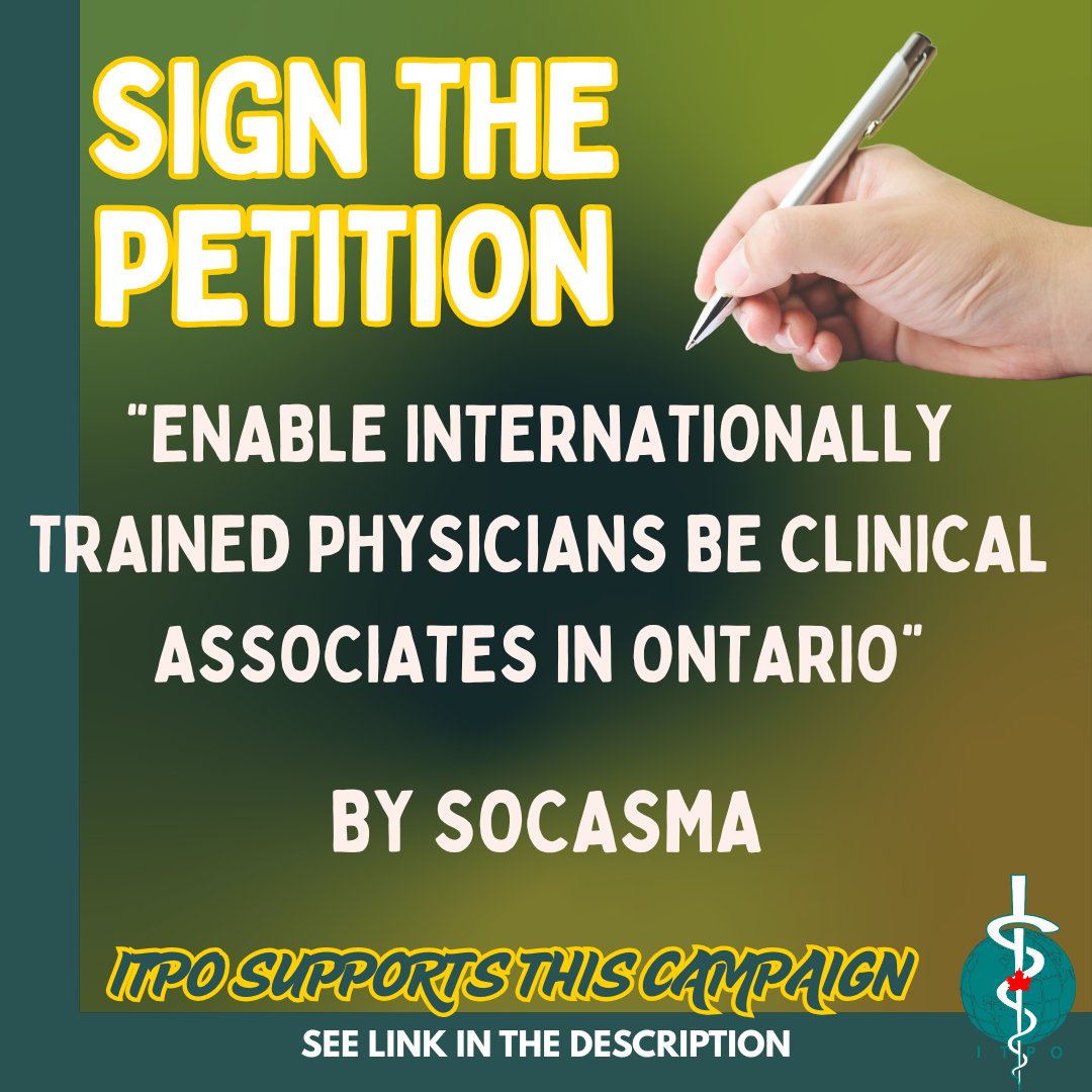 We’re excited to rally behind SOCASMA’s petition to enable ITPs to become Clinical Associates in Ontario. Can you take a moment to support this cause?
Sign the petition here: chng.it/Ffpp2DwyNv 
Join SOCASMA in advocating for a stronger, more inclusive healthcare workforce!