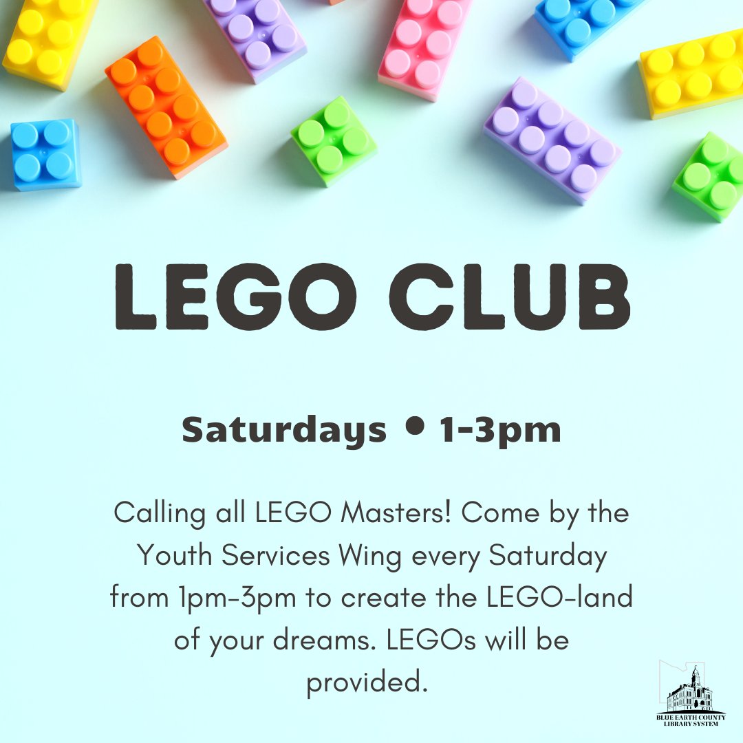 Live, laugh, LEGOS! Join us for a super fun time at LEGO Club this afternoon from 1 PM to 3 PM. 🧱