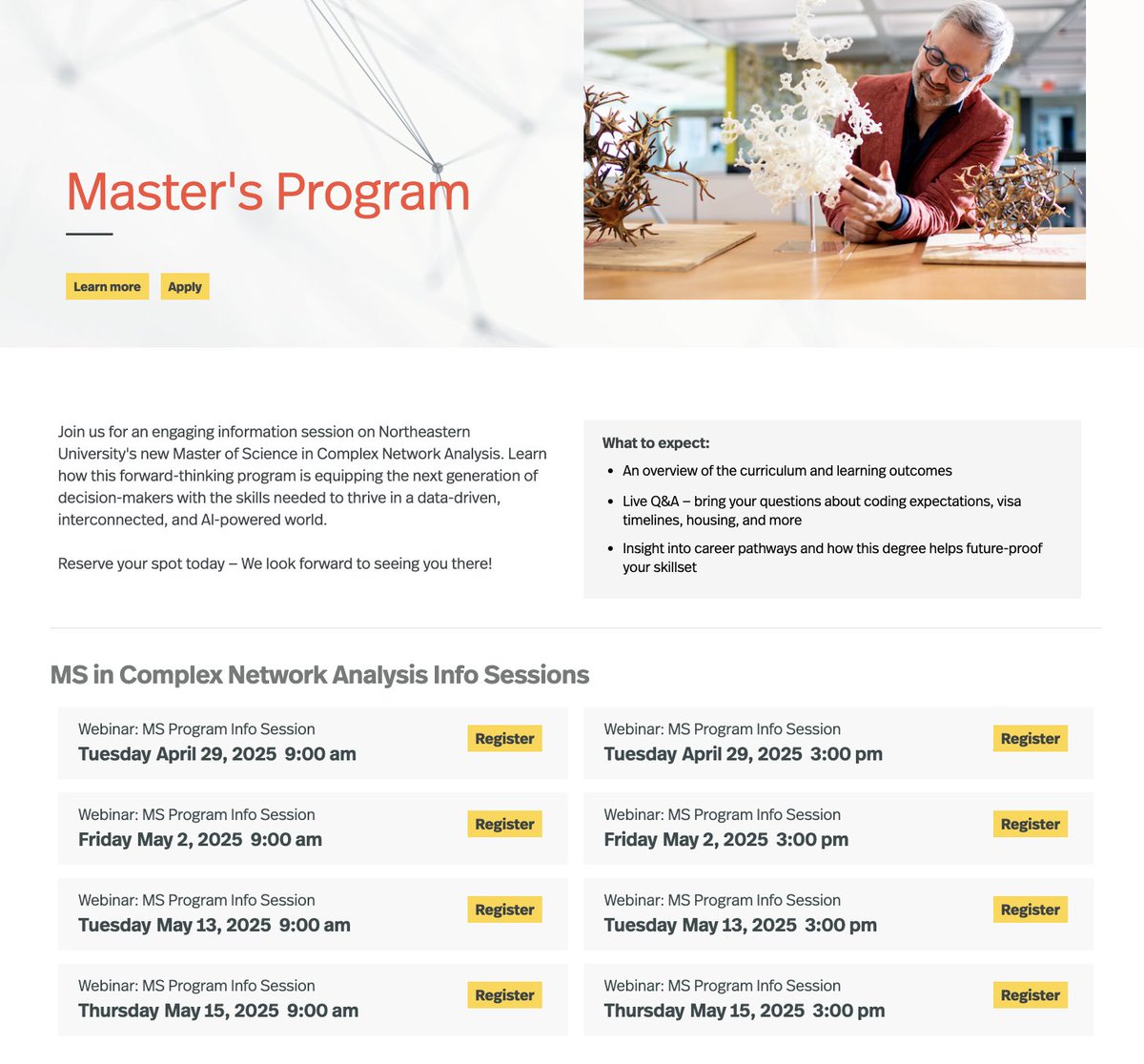 Brennan Klein (@jkbren) on Twitter photo Come learn about our new MS program in Complex Network Analysis <a href="/NUnetsi/">Network Science Institute</a> <a href="/Northeastern/">Northeastern U.</a>!
There's still some slots available to join our information sessions over the next few weeks.
Register here: networkscienceinstitute.org/academics/ms-w⦠Come learn about our new MS program in Complex Network Analysis <a href="/NUnetsi/">Network Science Institute</a> <a href="/Northeastern/">Northeastern U.</a>!
There's still some slots available to join our information sessions over the next few weeks.
Register here: networkscienceinstitute.org/academics/ms-wβ¦
