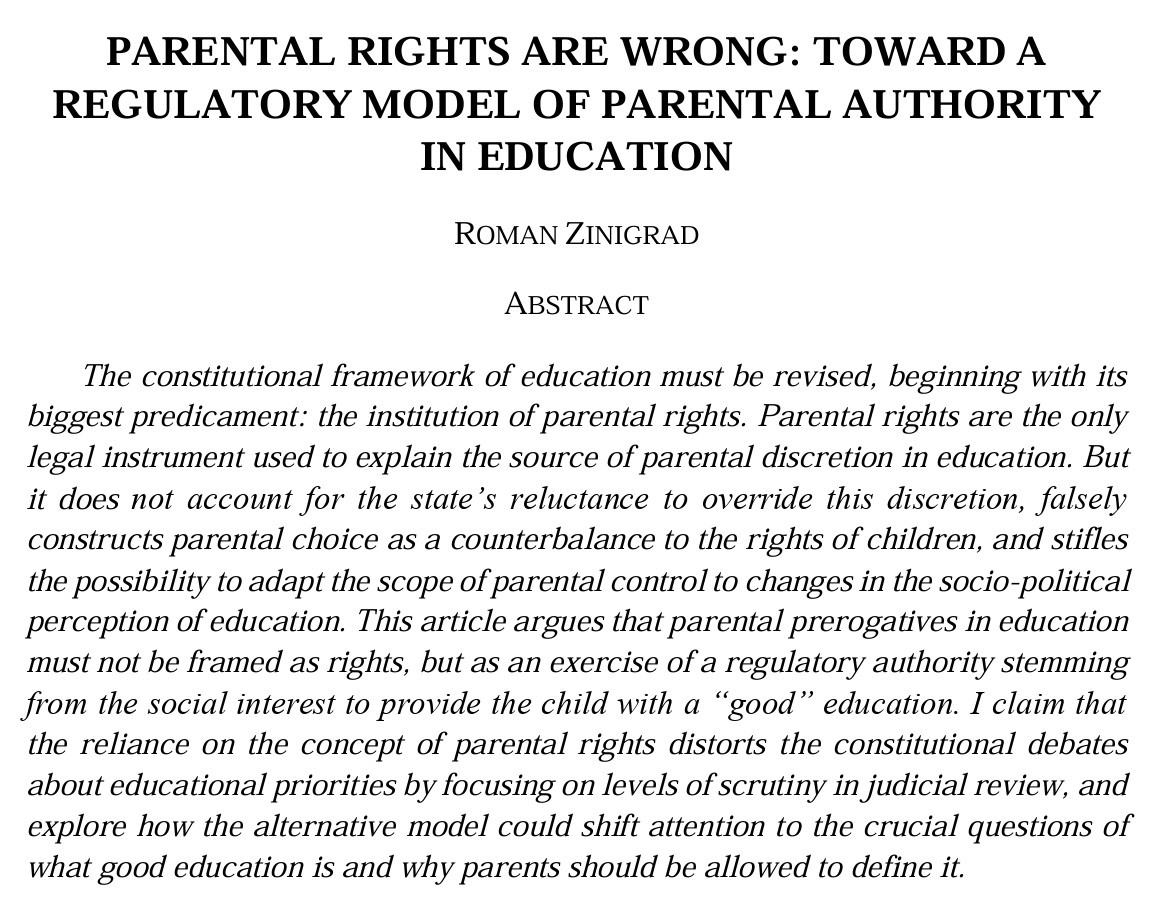 RomanZinigrad's tweet photo. Excited to share my article on parental rights is now published in N.Y.U. Rev. L. &amp; Soc. Change Harbinger. It argues that parental authority in education is better seen as a special regulatory power, not a right to control education.
Full article here: https://t.co/gqHIF4Z6CC https://t.co/9ckMsDajX0