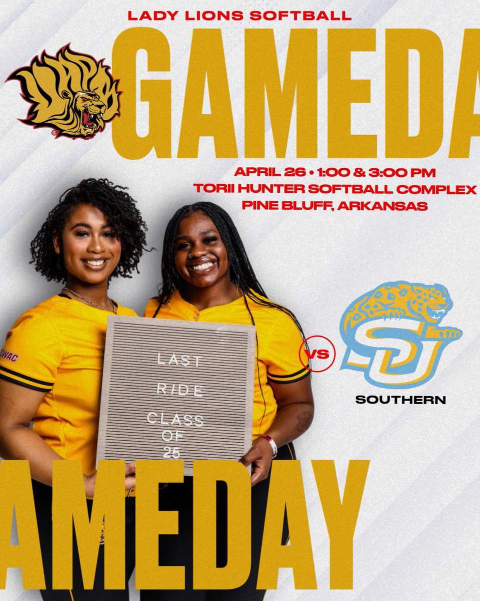Let’s set the tone 🦁🥎

🆚 Southern
⏰ 1:00 PM &amp; 3:00 PM
📍 Torii Hunter Softball Complex
📺 Golden Lions Athletics - YouTube

Come celebrate our seniors and help us kick off the series the right way, Lion Nation! 🦁🎓