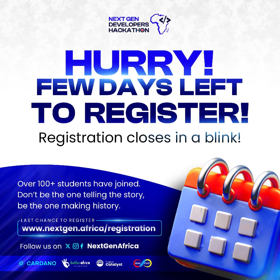 NextgenAfrica25's tweet image. Time is running out.
Don't miss the opportunity to become part of the story.
Hurry now and register for the NextGen Hackathon.
nextgen.africa/registration
The change begins with you!!
#NextGenHackathon
#CodeForAll
#BetterAfricaFoundation