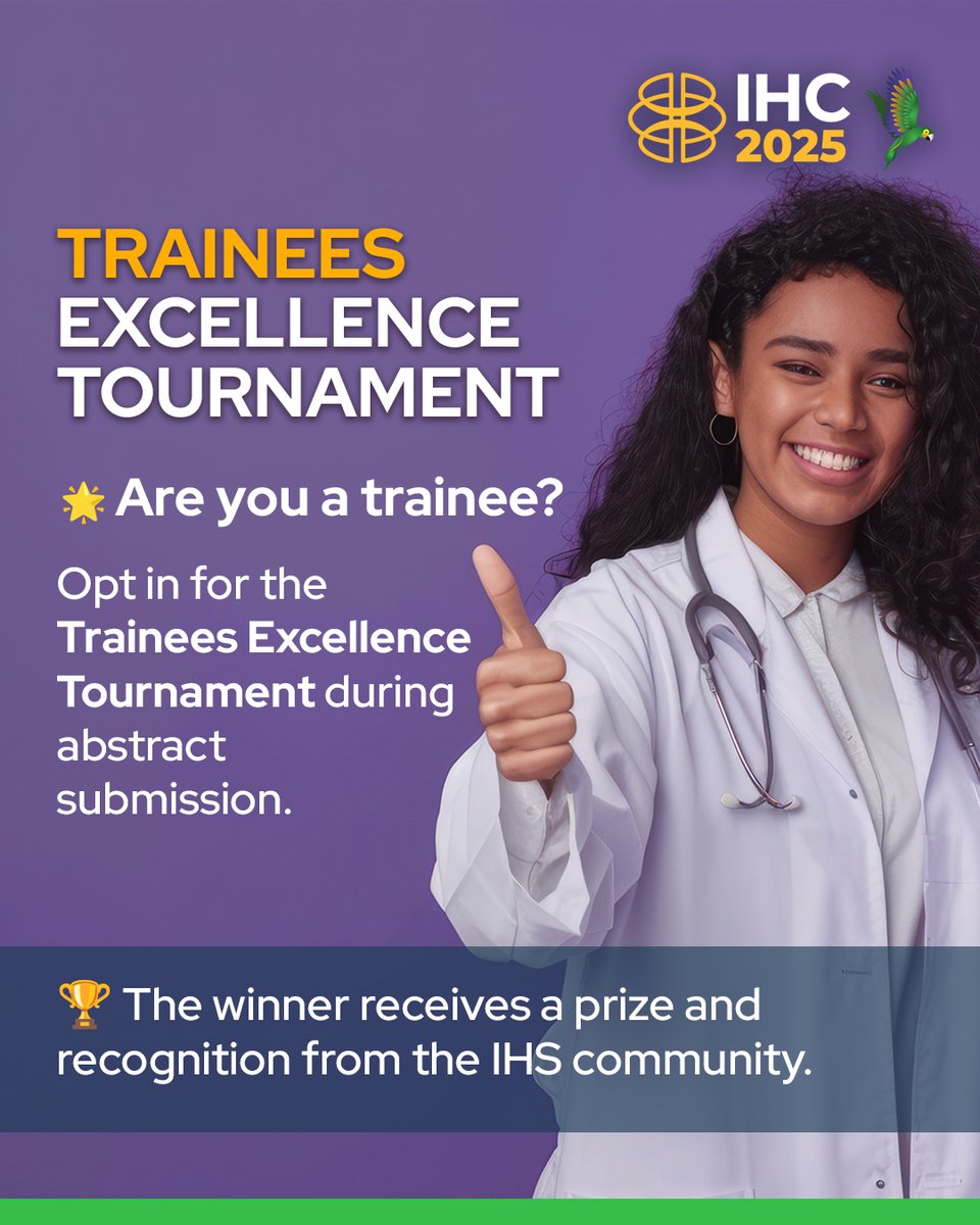 Are you a trainee with outstanding research? 🎯
Submit your abstract to #IHC2025 and opt in for the Trainees Excellence Tournament!
🏆 Top presentations voted by attendees – winner receives a cash prize!
📅 Deadline: 5 May 2025
🔗 ihc2025.org