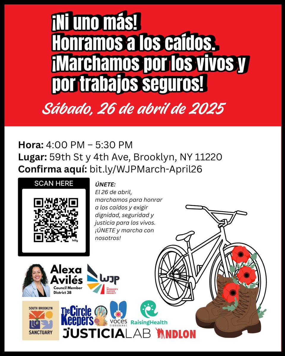 workersjusticep's tweet photo. 🗣️March with us today at 4PM in Sunset Park Honor the fallen and fight for safe jobs, living wages, and justice for all workers. 

✊🏾@CMAlexaAviles @NDLON @raisinghealth_ @JusticiaLabs #SouthBrooklynSantuary #VocesCuidadanas #TheCircleKeepers https://t.co/MdKAaYpCCb