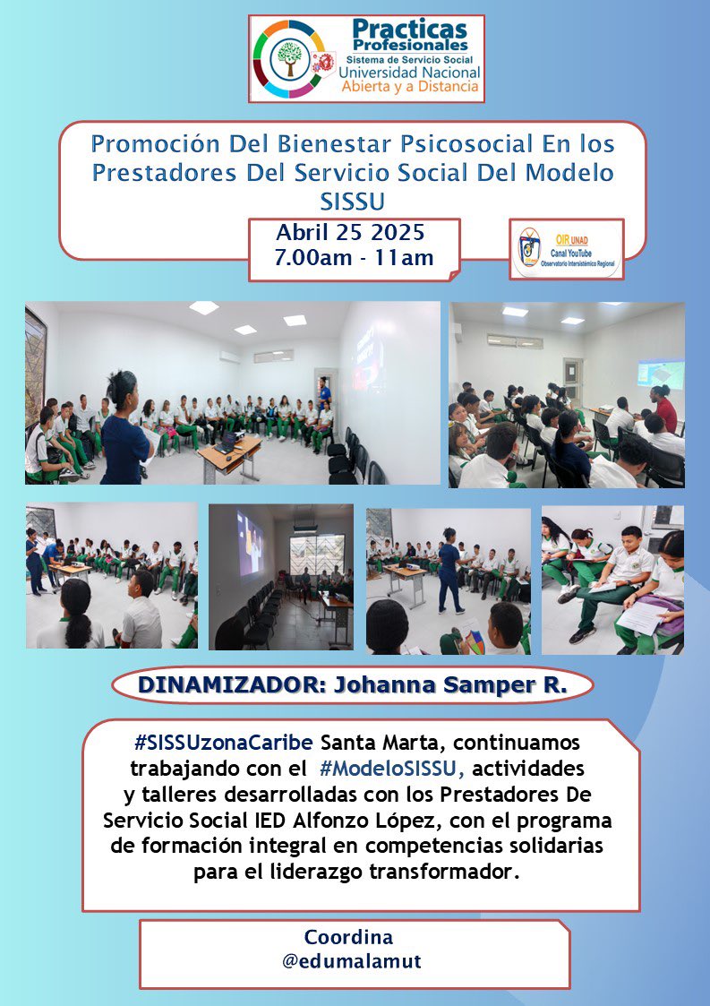 Johanna Samper (@jsamperrobles) on Twitter photo <a href="/Edumalamut/">Eduar Malamut Gómez</a> <a href="/ElOIRdelaRegion/">El OIR de las Regiones UNAD</a> <a href="/UNAD_zcar/">UNAD Zona Caribe</a> <a href="/ViderZcar/">VIDER_ZCAR</a> <a href="/maria__angie__v/">María angélica Vivas</a> <a href="/ArgoteSimanca/">OIR MARIA SIMANCA ARGOTE</a> <a href="/DianaMariaAhum1/">Diana Maria Ahumada</a> <a href="/leonor_mez64319/">Cecilia Leonor Meza Cordoba</a> <a href="/mmperezca/">Melissa Perez Camargo</a> <a href="/jhonfer25/">Jhon Castro</a> <a href="/yaraluq/">Yara arrieta</a> <a href="/Dayana_acosta1/">Dayana Acosta</a> <a href="/jesusvasquez56/">Christopher Vasquez</a> <a href="/nmmorenol/">Mile Moreno Ph.D</a> <a href="/julialbaangelo/">Julia Angel O</a> <a href="/UniversidadUNAD/">Universidad UNAD</a> <a href="/VolUnadista/">Voluntariado_Unadista</a> <a href="/Edumalamut/">Eduar Malamut Gómez</a>
#SISSUzonaCaribe Santa Marta, continuamos trabajando con el #ModeloSISSU, actividades desarrolladas con los Prestadores De Servicio Social IED Alfonzo López, con el programa de formación integral en competencias solidarias para el liderazgo transformador. <a href="/Edumalamut/">Eduar Malamut Gómez</a> <a href="/ElOIRdelaRegion/">El OIR de las Regiones UNAD</a> <a href="/UNAD_zcar/">UNAD Zona Caribe</a> <a href="/ViderZcar/">VIDER_ZCAR</a> <a href="/maria__angie__v/">María angélica Vivas</a> <a href="/ArgoteSimanca/">OIR MARIA SIMANCA ARGOTE</a> <a href="/DianaMariaAhum1/">Diana Maria Ahumada</a> <a href="/leonor_mez64319/">Cecilia Leonor Meza Cordoba</a> <a href="/mmperezca/">Melissa Perez Camargo</a> <a href="/jhonfer25/">Jhon Castro</a> <a href="/yaraluq/">Yara arrieta</a> <a href="/Dayana_acosta1/">Dayana Acosta</a> <a href="/jesusvasquez56/">Christopher Vasquez</a> <a href="/nmmorenol/">Mile Moreno Ph.D</a> <a href="/julialbaangelo/">Julia Angel O</a> <a href="/UniversidadUNAD/">Universidad UNAD</a> <a href="/VolUnadista/">Voluntariado_Unadista</a> <a href="/Edumalamut/">Eduar Malamut Gómez</a>
#SISSUzonaCaribe Santa Marta, continuamos trabajando con el #ModeloSISSU, actividades desarrolladas con los Prestadores De Servicio Social IED Alfonzo López, con el programa de formación integral en competencias solidarias para el liderazgo transformador.