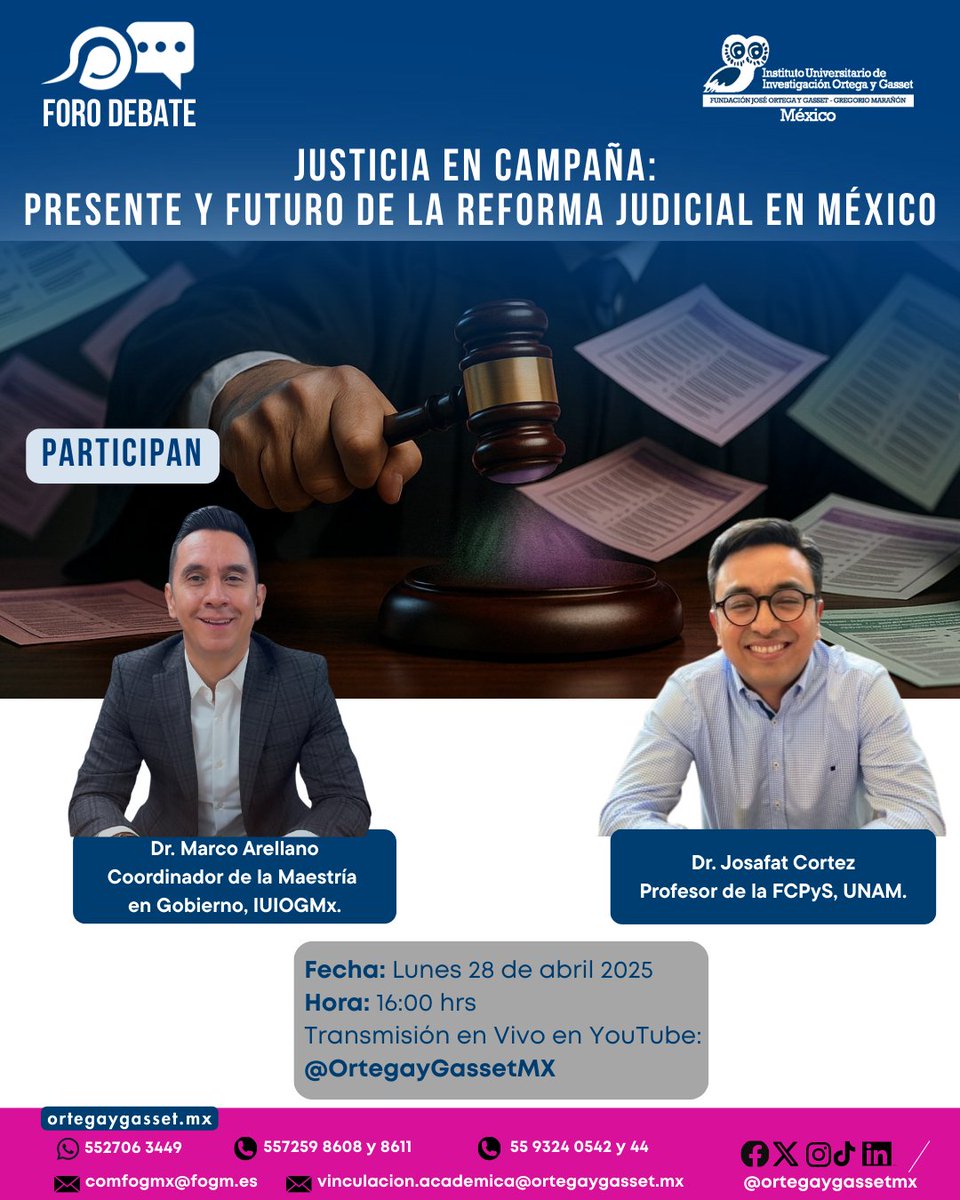 Ortega y Gasset México (@ortegaygassetmx) on Twitter photo 🗓 ¡Este lunes 28 de abril a las 16:00 hrs (CDMX) no te pierdas la mesa de debate "La justicia en campaña: presente y futuro de la reforma judicial en México"!
🎙 Ponentes:
Dr. Josafat Cortez (FCPyS-UNAM) <a href="/josafat_CS/">Josafat Cortez</a>
Dr. Marco Arellano (IUIOGMx) <a href="/marellano7/">Marco Arellano Toledo</a>
📺 Transmisión en 🗓 ¡Este lunes 28 de abril a las 16:00 hrs (CDMX) no te pierdas la mesa de debate "La justicia en campaña: presente y futuro de la reforma judicial en México"!
🎙 Ponentes:
Dr. Josafat Cortez (FCPyS-UNAM) <a href="/josafat_CS/">Josafat Cortez</a>
Dr. Marco Arellano (IUIOGMx) <a href="/marellano7/">Marco Arellano Toledo</a>
📺 Transmisión en