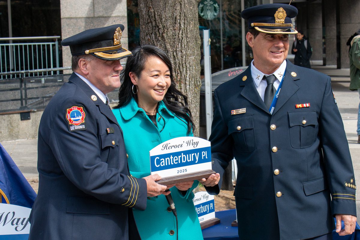Toronto_Fire's tweet photo. Today, we stood with community, @TorontoPolice and @TorontoMedics for the unveiling of Heroes’ Way, a tribute to all emergency responders, marking the 7th anniversary of the Yonge Street tragedy. Thank you @MayorOliviaChow , @LilyChengTO and @cityoftoronto. #TorontoStrong https://t.co/cb9qFcVAP5