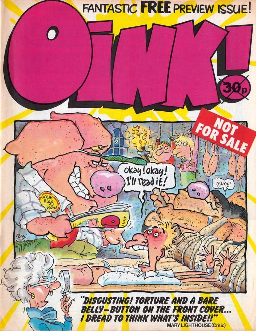 lewstringer's tweet image. On this day in 1986.
One of the best comics I ever worked for. 39 years ago today on Saturday 26th April 1986, OINK! comic made its debut as a free preview issue bagged with various comics, and as a standalone comic the week afterwards.
Cover by Ian Jackson. Tom Thug by me.