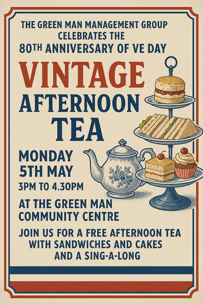 🇬🇧 You're invited!
The Green Man Management Group celebrates the 80th Anniversary of VE Day with a Vintage Afternoon Tea 🎩🍰🎶
📅 Monday 5th May | 🕒 3–4:30pm
📍 Green Man Community Centre
Join us for tea, sandwiches, cakes &amp; a good ol’ sing-a-long! #VEDay80 #communityteaparty